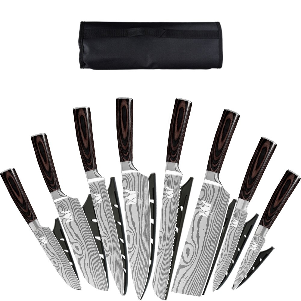 XYj Damascus Pattern Veins Blade Chef Knives Set Stainless Steel Wood Handle Bread Slicing Santoku Utility Knife Cover Sheath