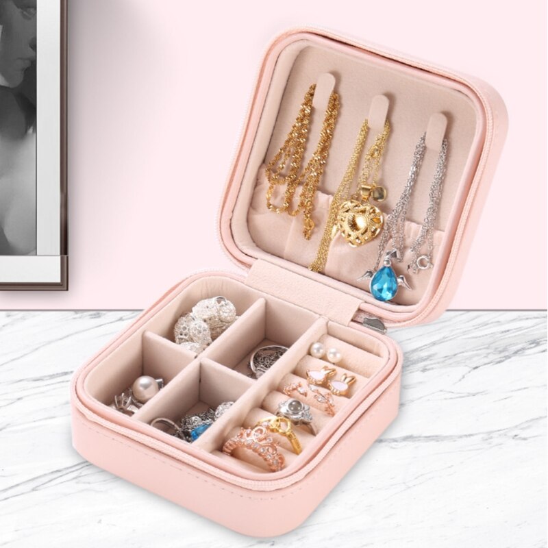 Protable Travel Leather Jewelry Box Organizer Display Earrings Ring Necklace Jewellery Zipper Storage Case Women Girls