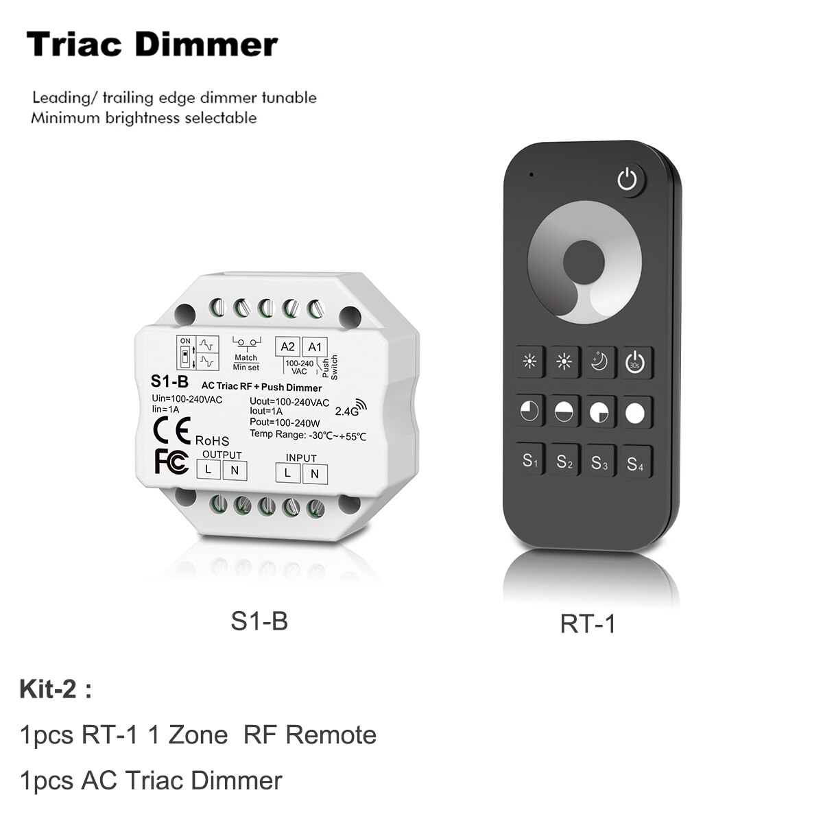 Interruptor de atenuación inalámbrico LED Triac de AC110V-220V, control remoto de atenuación táctil de 4 zonas para LED de un solo Color, 2,4G, S1-B: Kit-2