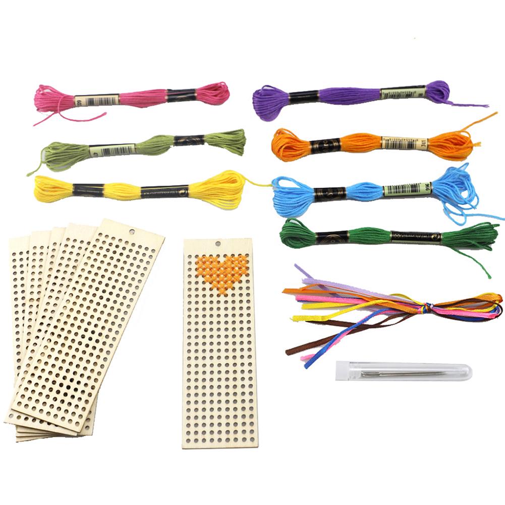 6Pcs Wood Rectangle Bookmark Cross Stitch Embroidery DIY Material Children Craft Art Kit Home Decoration Pendant Crafts