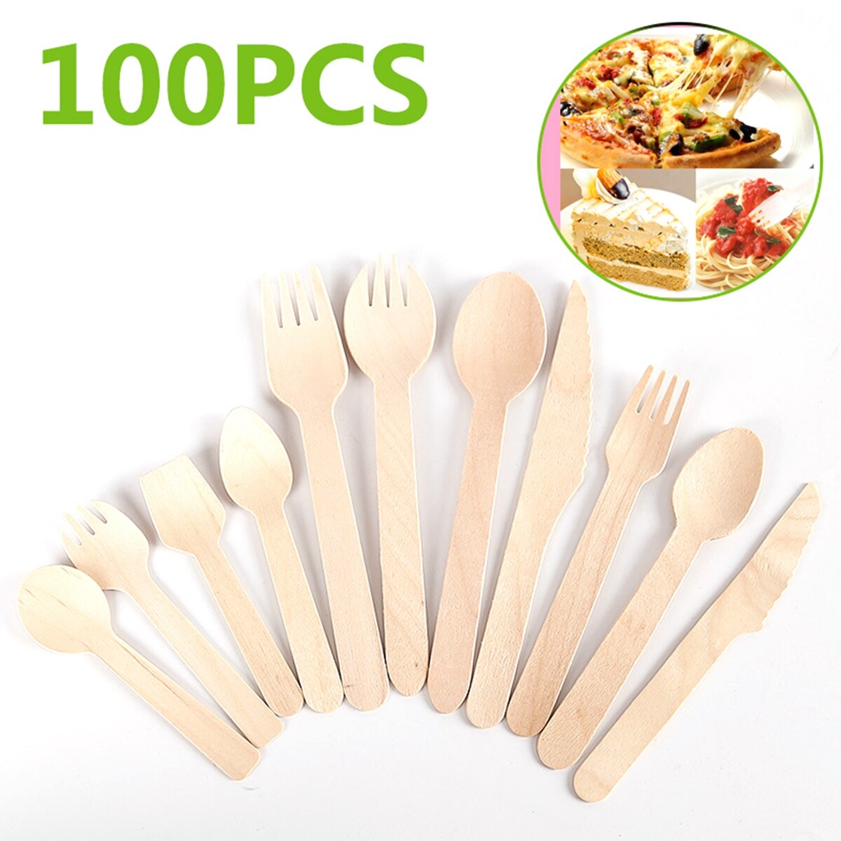 100 Pcs Disposable Wooden Cutlery Biodegradable - Knives Forks Spoons Camping BBQ Party Tableware Kitchen Utensils