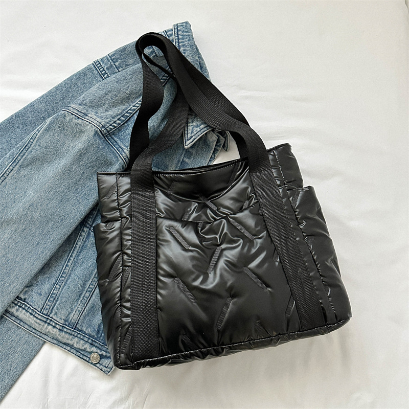 Bolsos de mano informales de algodón de invierno para mujer, bolso de hombro de de Color sólido, bolsos de mano para ir al trabajo y: Negro