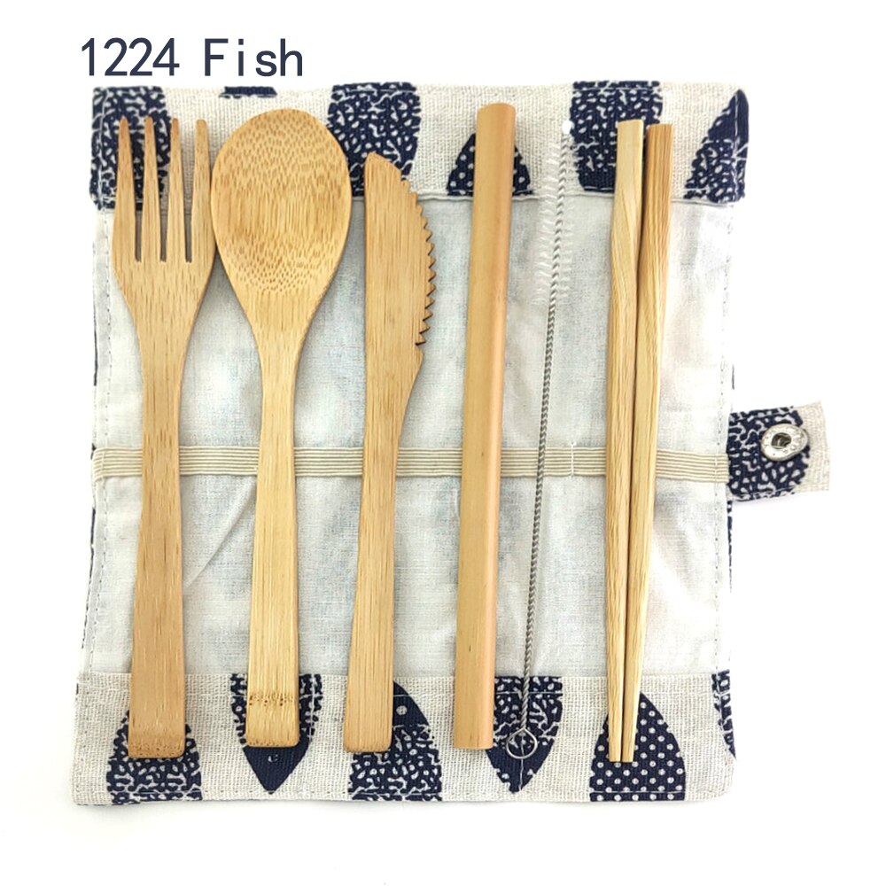 Bamboe Bestek Set Herbruikbare Bestek Set Servies Mes, Vork, Lepel, stro 0 Afval Dinnnerware Camping Reizen Bestek Set: 1224 Fish