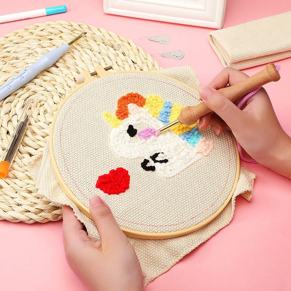 17 Pieces Punch Needle Embroidery Kits Punch Needle Cloth for Embroidery Floss Cross Stitching Beginners