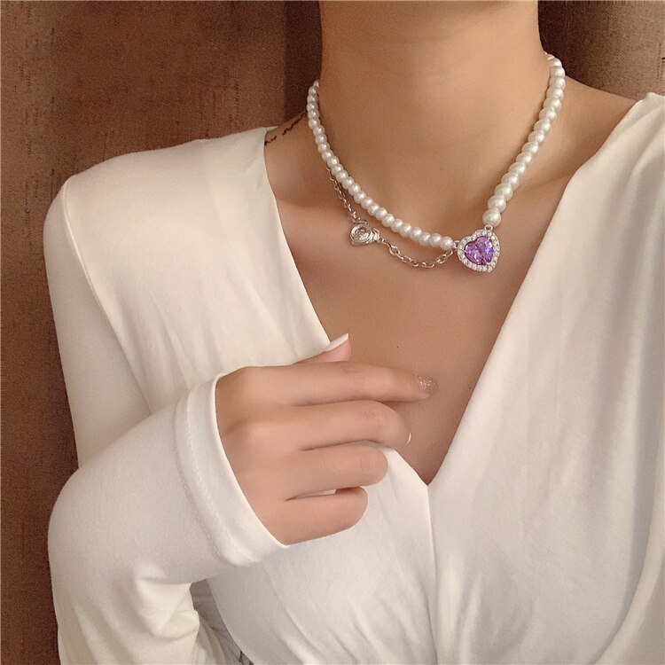 HUANZHI Retro Perle Chian Halskette Bunte Strass Liebe Multilayer Choker Halskette für Frauen Mädchen Partei Schmuck