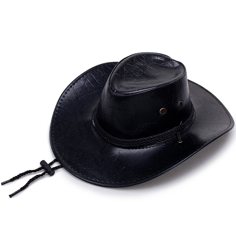 Herrer cowboy hat læder ridder hat udendørs skygge cap mand åndbar stor randen: Sort