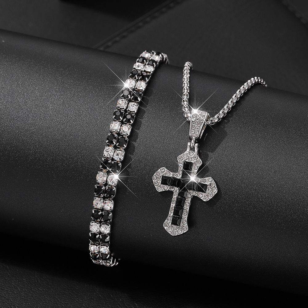 3 piezas hombres personalidad Simple negro acero inoxidable no se decolora Cruz collar anillo pulsera conjunto Accesorios: Bañado en rodio de imitación