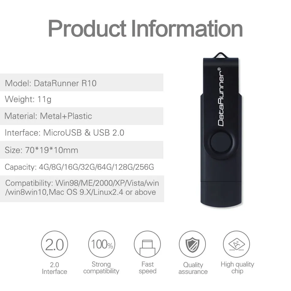 DataRunner USB 2.0 Flash Drive OTG Pen Drive 128GB USB Stick 8GB 16GB 32GB 64GB Pendrive Flash Disk voor MicroUSB Android/PC