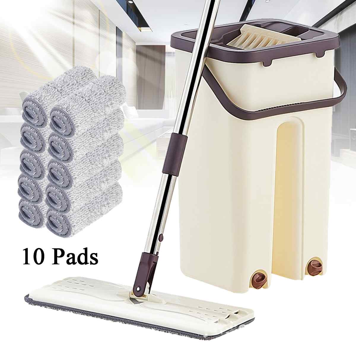 Mop Cloth with Bucket Hand Free Wringing Mop Self Wet Cleaning System Dry Clean Microfiber Flat Squeeze Lazy Mops Floor Bucket: E 1 Mop 10 Pads