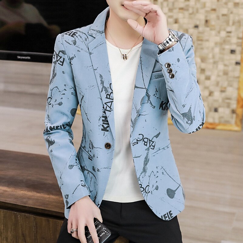 printemps Blazer Veste Hommes Veston Imprimé Hombre Mariage Costume D'affaires Décontracté Veste Streetwear Sociale Costume Homme: Bleu / XXL