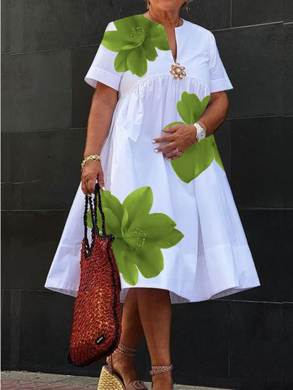 Modigirl Damen-Sommerkleid 2022, V-Ausschnitt, plissiert, kurze Ärmel, weiß, lockerer Blumendruck, lässige Midi--Kleider für Damen: L / Hellgrün