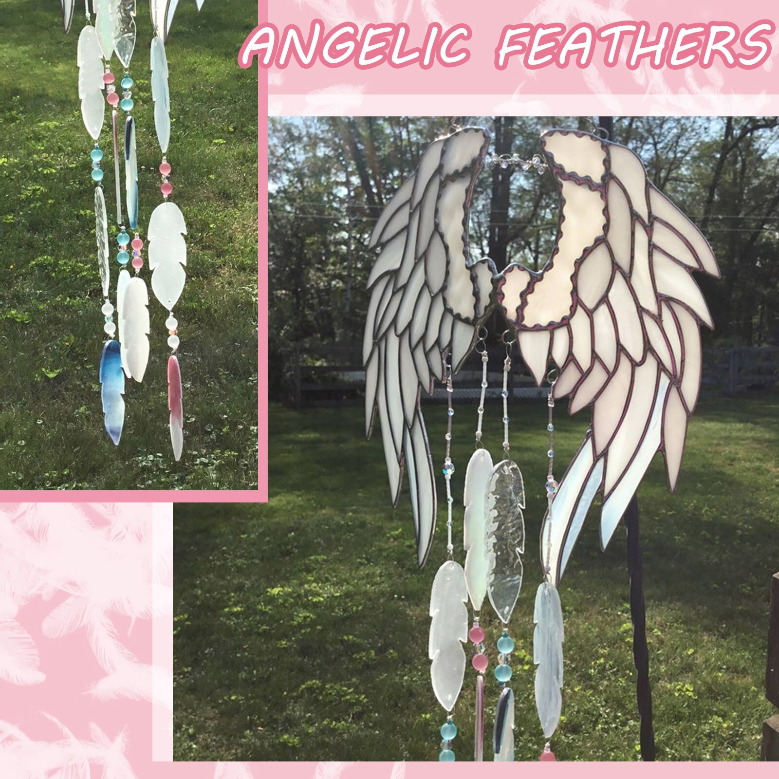 40# Outdoor Hanging Wind Chimes Garden Decoration Little Angel Feathers Wind Chime Stained Glass Handmade Garden Suncatchers