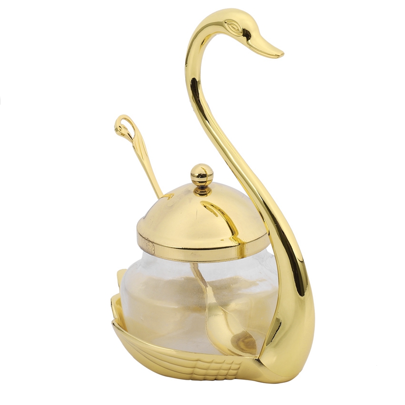 -2X Aluminum Alloy Condiment Pot Seasoning Container Coffee Storage Organizer Swan Rack Set Gold