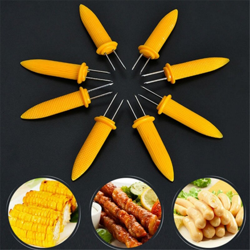 10pcs/pack Twin Prong Skewers Barbecue Fork Fruit Corn Holder BBQ Fork Garpu Tool Yellow