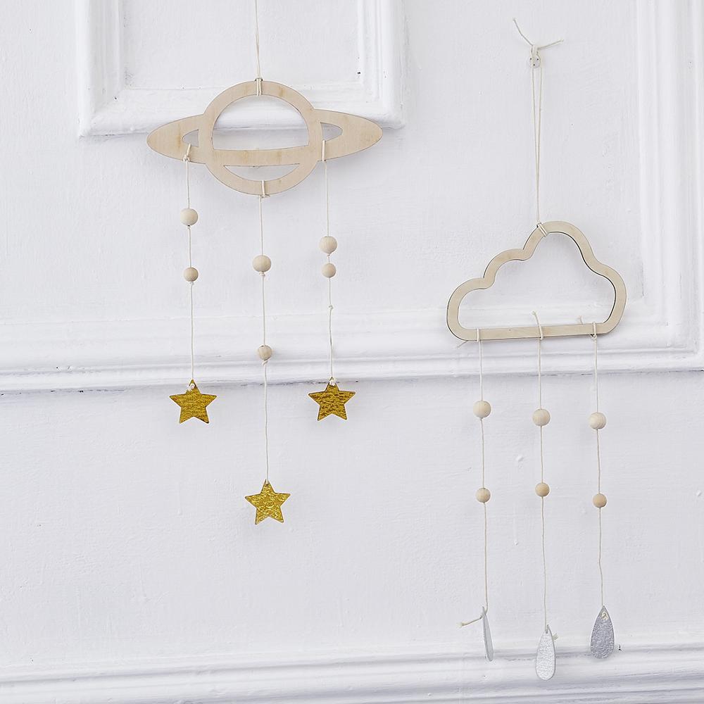 Baby seng hængende nordisk stil træ sky stjerne regndråbe hængende vedhæng dekoration til baby soveværelse væghængende gardiner indretning