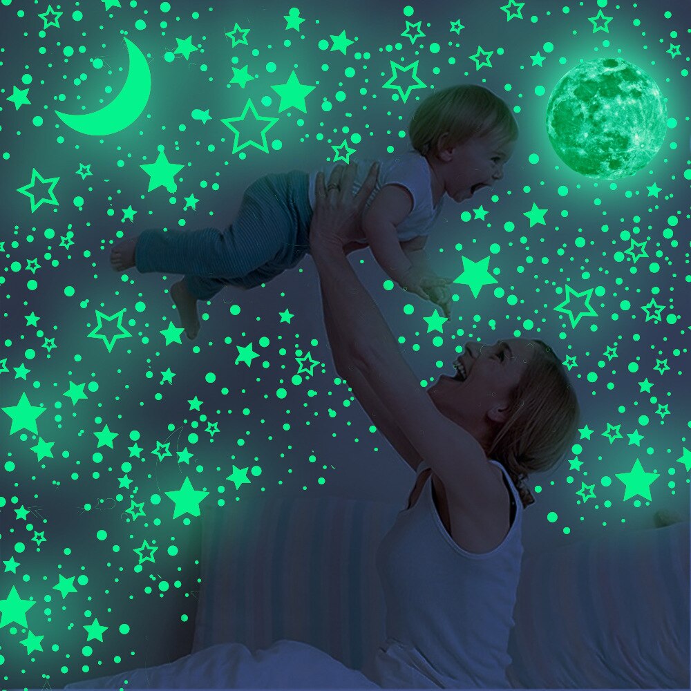 Gloeiende holle ster maan stippen muurstickers huisdecoratie glow in the dark sticker vinyl babykamer slaapkamer woonkamer decoratie