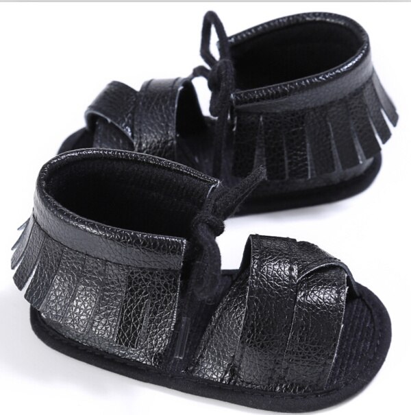 Merk zomer baby kwastjes sandalen zachte zool leren schoenen baby jongen meisje peuter effen kleur sandalen 0-18m: Zwart / 2.5
