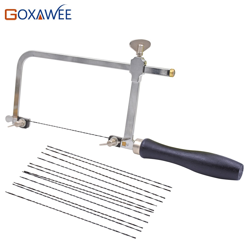 GOXAWEE-Marco de sierra ajustable en forma de U, herramientas de mano para bricolaje, con 12 hojas de sierra en espiral para herramientas de joyería