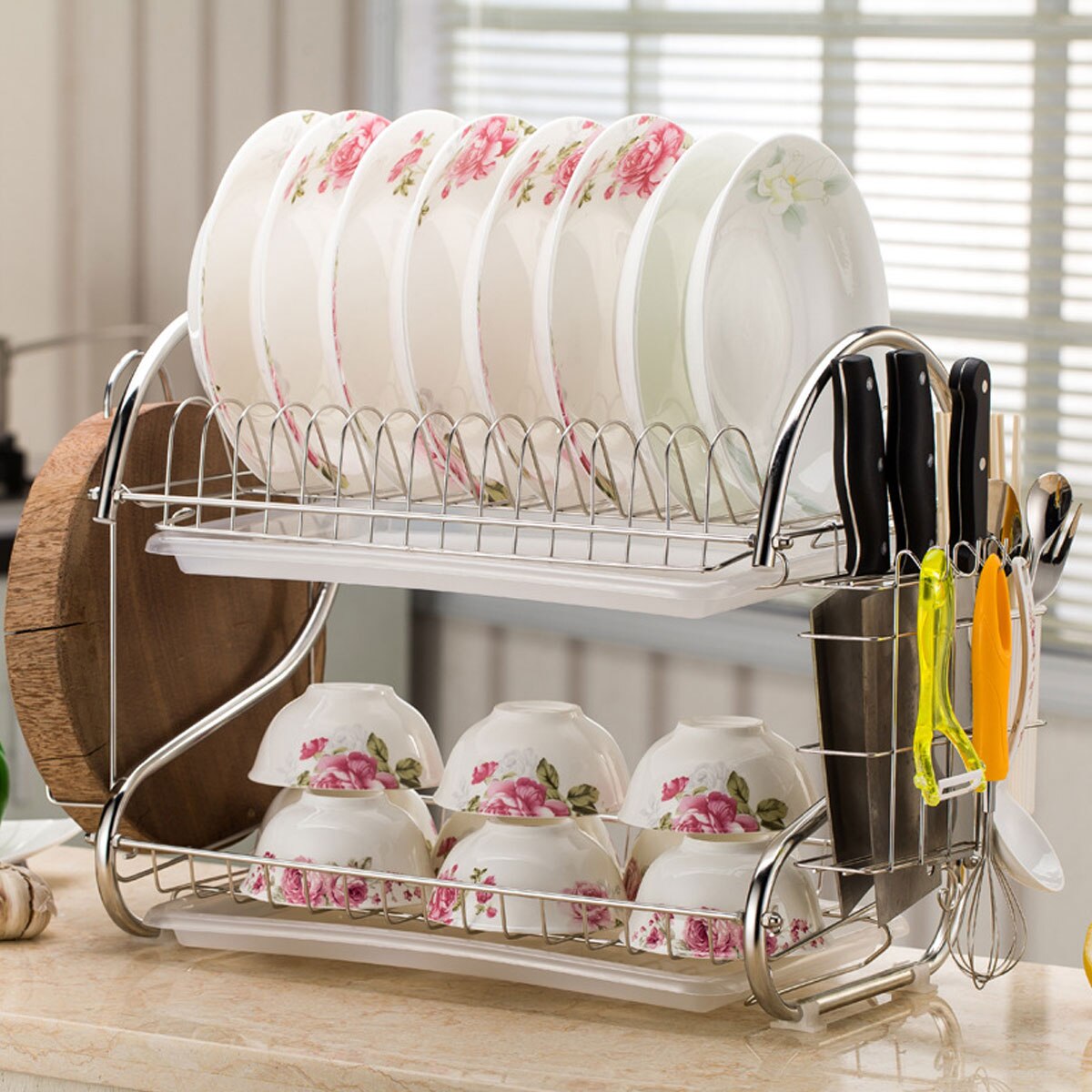 Estante de secado de platos de 2/3 niveles, cesta de hierro chapado, soporte para lavado del hogar, escurridor de platos para fregadero de cocina, estante organizador: E 2 Tier