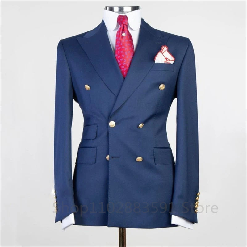 Traje de doble botonadura para hombre, Blazer informal ajustado con solapa de pico, Blazer individual, vestido de novio de boda de negocios,: XXL / Azul marino