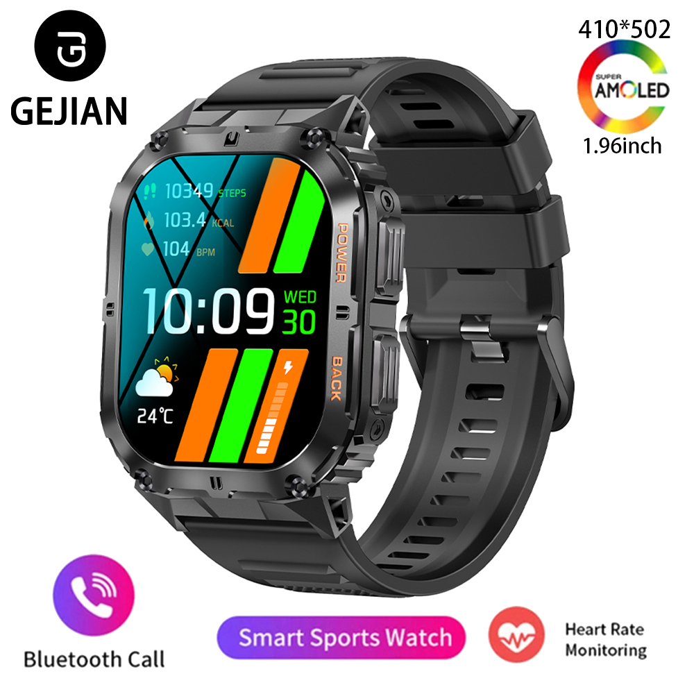 2025 Nuovo GEJIAN Intelligente 5.0 Chiamata Bluetooth Orologio da 1.96 pollici AMOLED Schermo Quadrato Monitoraggio della Frequenza Cardiaca del Sonno accorto guarda: nero