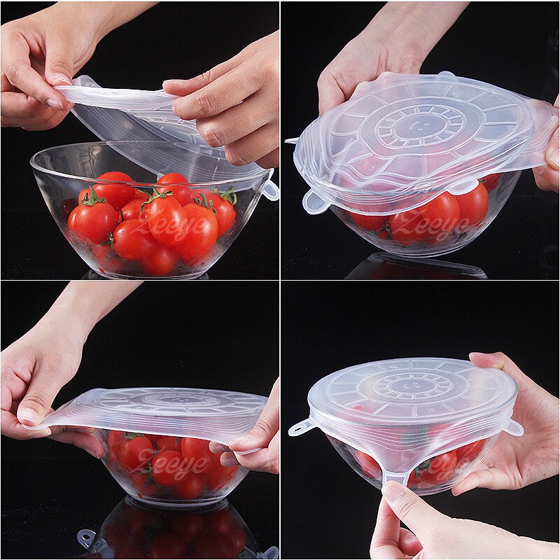 6Pcs Reusable Silicone Food Wrap Stretch Vacuum Seal Cover Saran Wrap Kitchen Tools Organization Food Fresh Keeping Sealed Lids