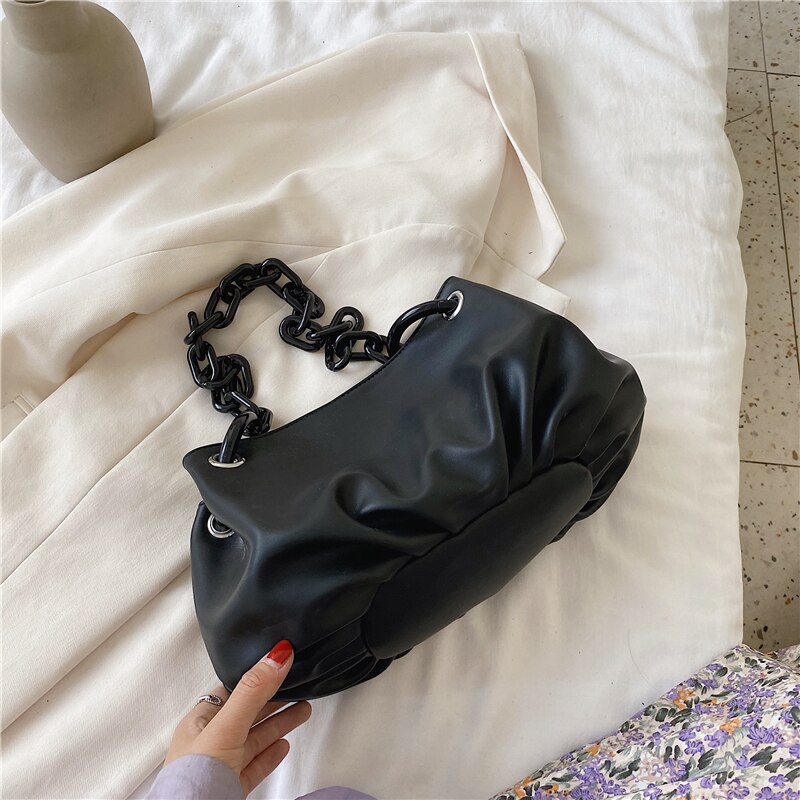 Acrylic Chain Small PU Leather Bags For Women Simple Solid Color Shoulder Handbags Travel Armpit Bag Hand Bag: Black