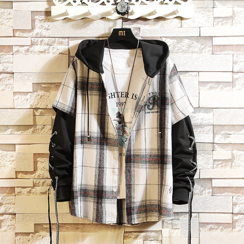 Hip Hop Couple, Hoodie,loose plaid shirt,Long Sleeve Shirts Men Casual Streetwear Coats Male Hipster Shirts Tops: bai se / 4XL