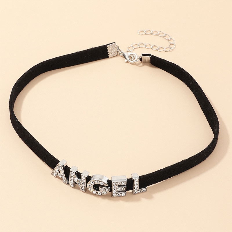 Collar gótico negro con cristales y letras de ángel para niña y mujer, Gargantilla corta, cuello Punk, Retro, joyería para , accesorios para el cuello