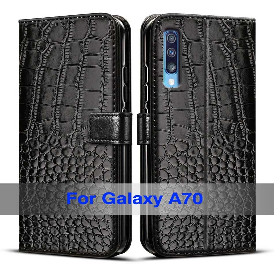 Coque de téléphone à rabat en cuir, étui portefeuille magnétique luxueux pour Samsung Galaxy A70: Black