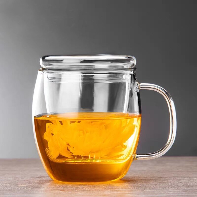 Glass Tea Infuser Cup With Transparent Filter Handle Bamboo Lid Heat-resistant Flower Teacup Office Tea Mug Drinkware