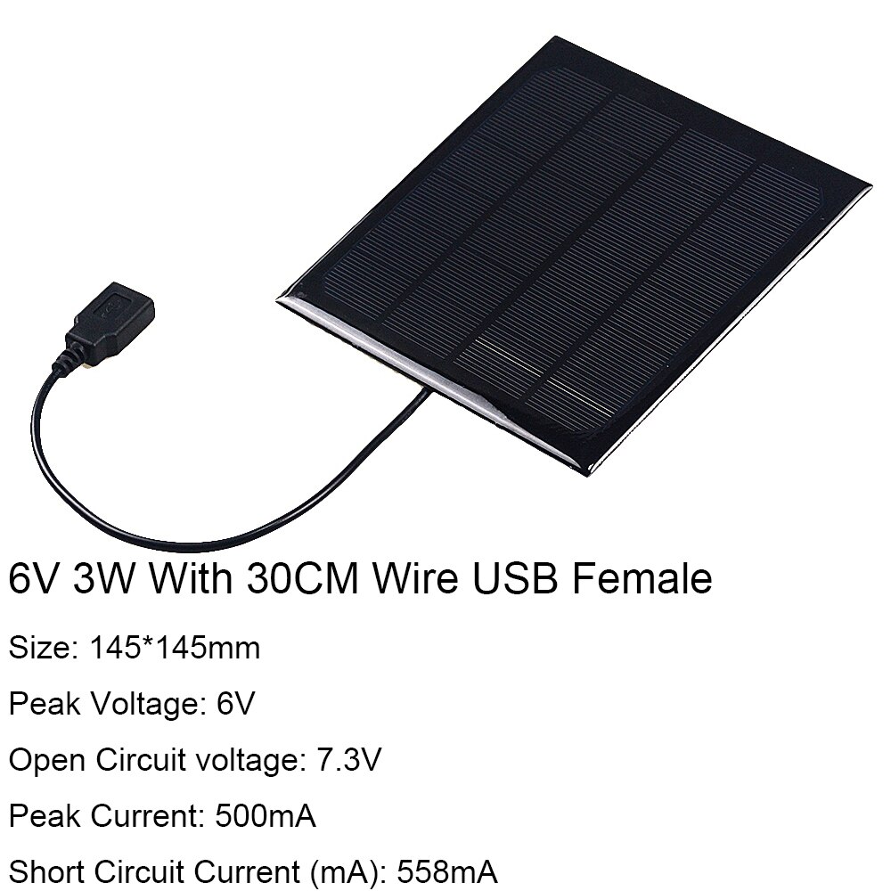 6V 3W 6W Output Usb Solar Battery Charger Usb Vrouwelijke Poort Laadregelaar Zonnepaneel Lijn Lengte 30Cm