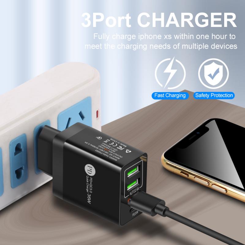 US/EU/UK Fast Charge Mobile Phone Charger Multi-port USB with PD Charging Head Fast Power Charger PD20W+QC3.0 2.4A Dual USB