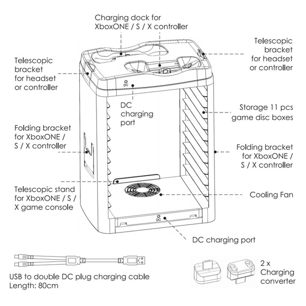 Multi-Function Charging Dock Games Storage Tower Cooling Station for XBOX ONE/SLIM/X Game Console