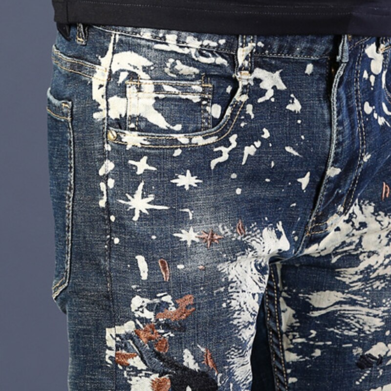 Men's Embroidery Painted Jeans Stretch Denim Slim Pencil Pants Embroidered Trousers