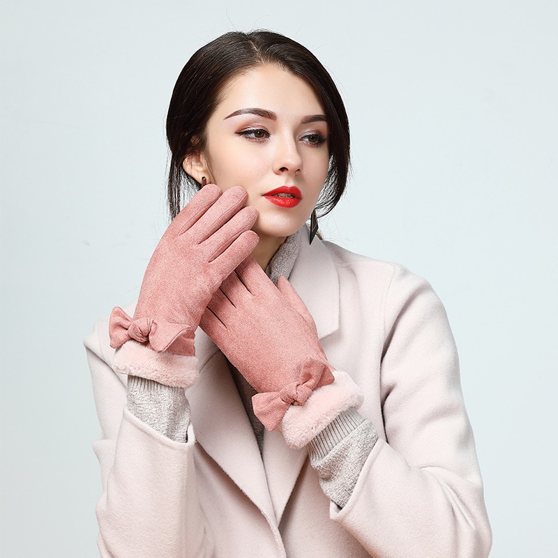 Vrouwen Winter Warm Handschoenen Suède Gewatteerde Fleece Winddicht Koude-Proof Touchscreen Roze Handschoenen Lederen Handschoenen Vingerloze