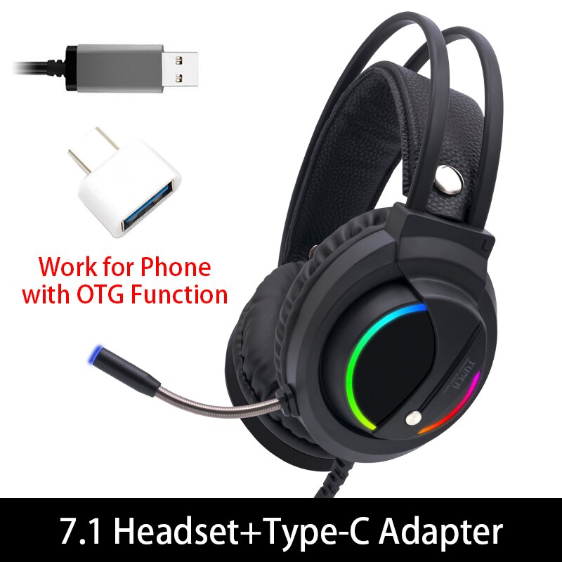 Gaming hovedtelefon 3.5mm hovedtelefoner led lys øretelefon stereo surround gamer headset med mikrofon til pc computer bærbar 360: 7.1 og type-c