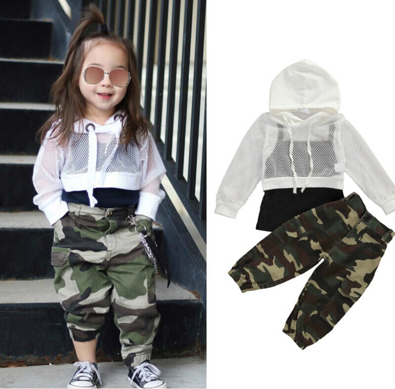 3Pcs Peuter Baby Meisjes Kleding Sets Hollow Zomer Visnet Wit Hooded Tops + Zwart Sling Vest Tops + Camouflage print Broek