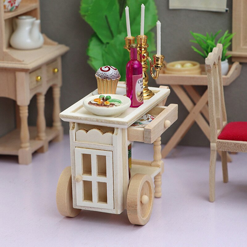 1:12 Dollhouse Miniatuur Restaurant Keuken Trolley Dining Winkelwagen Twee Lagen Houten Meubels Pop Decor Speelgoed