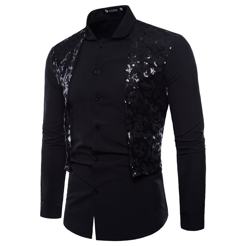 Herr långärmade skjortor herr sommar business casual slim-fit skjortor herr solid paljett spets dekorerade smoking skjortor