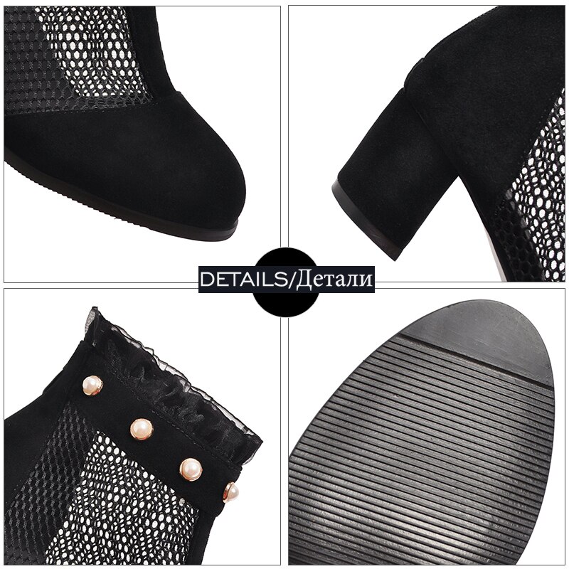 Jk 2019 novo verão/primavera grosso med calcanhar calçado feminino malha babados ankle boots pérola botas dedo do pé redondo com zíper sapatos mulher