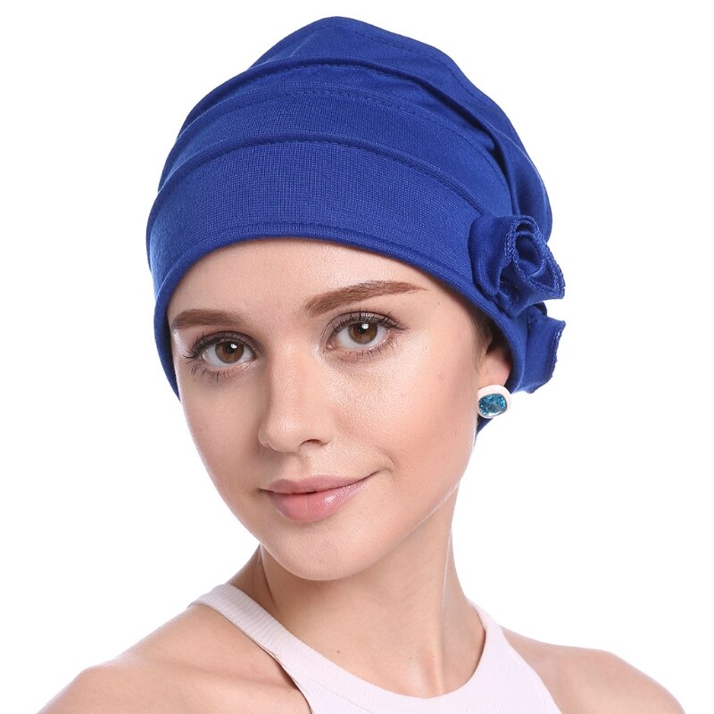 Women Ruffle Chemo Turban Scarf Beanie Cap Hat for Cancer Patient: Blue
