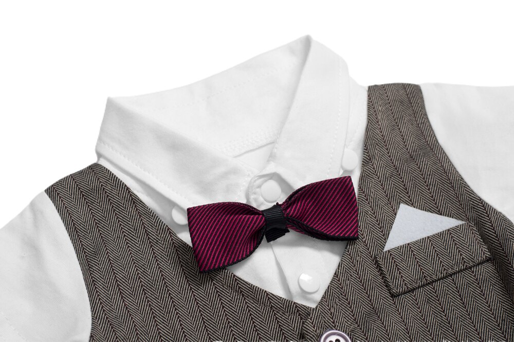 niemowlę romper ubrania dla chłopca z muszką ubrania dla dżentelmenów z krótkim rękawem niemowlę chłopiec urodziny kamizelka w paski kostium