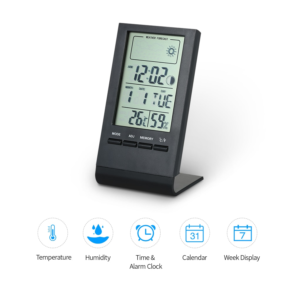 Mini Digital Thermometer Hygrometer Indoor Temperature Humidity Meter Gauge Clock Weather Station Forecast Max Min Value Display