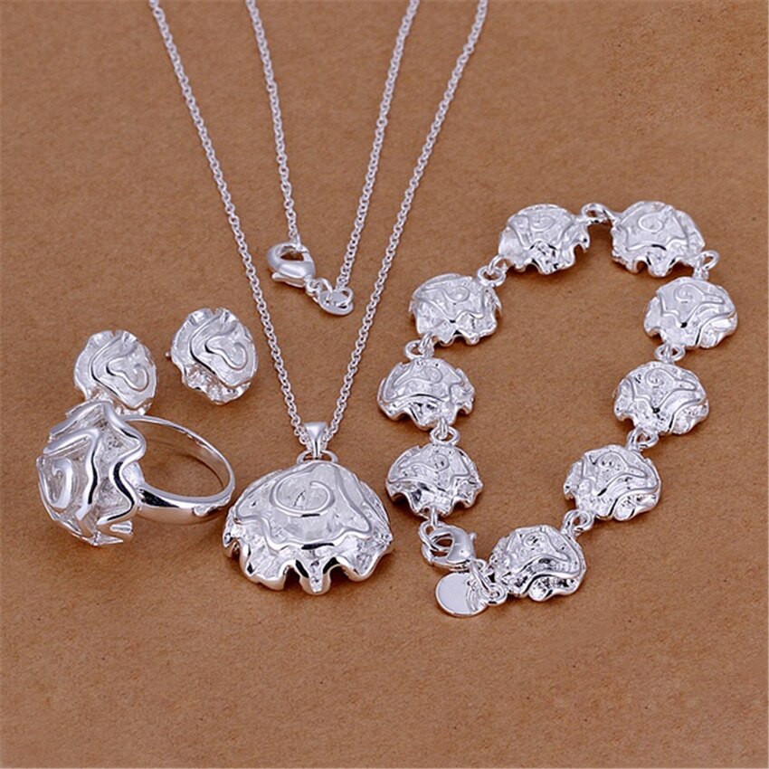 925 Sterling Zilveren Set Rose Bloem Hanger Kettingen Ringen Armbanden Oorbellen Stud Sieraden Voor Vrouwen Party