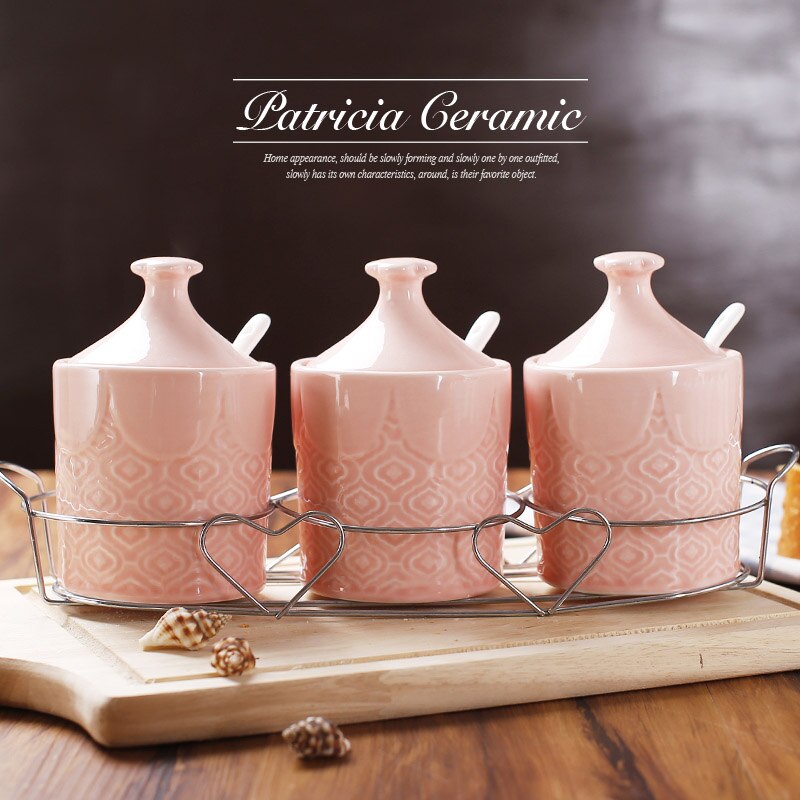 Keramische Bone China Caster Zout Suiker Pot Set (3 Stks) met Graveren Patroon voor Keuken Koken