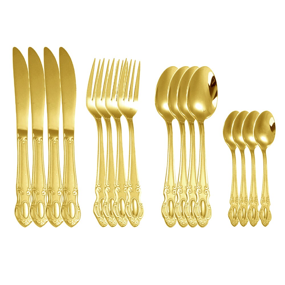 16/20pcs Dinnerware Set Stainless Steel Western Royal Cutlery Silverware Spoon Tea Forks Knives Embossed Handle Dinner Tableware: gold 16 pieces