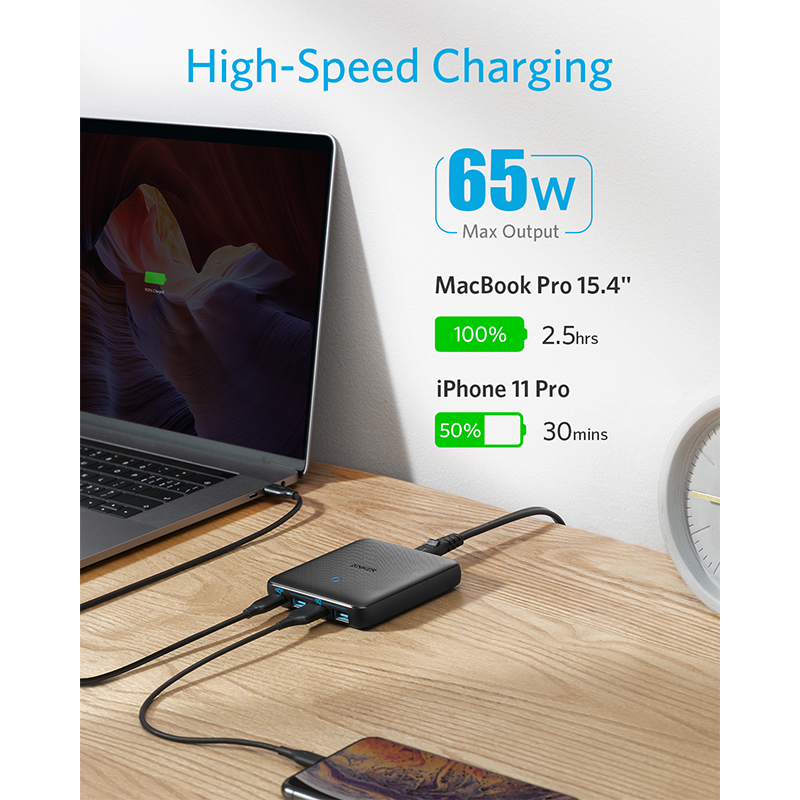 Usb C Lader, Anker 65W 4 Poort Piq 3.0 &amp; Gan Fast Charger Adapter, powerport Atom Iii Slim Lader Met Een 45W Usb C Poort