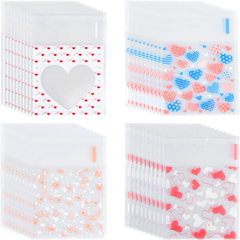 100 Uds 7x7/10x10cm bolsa de plástico para violonchelo con forma de corazón bolsa autosellante para DIY dulces galletas Snack paquete para hornear decoración pequeñas empresas