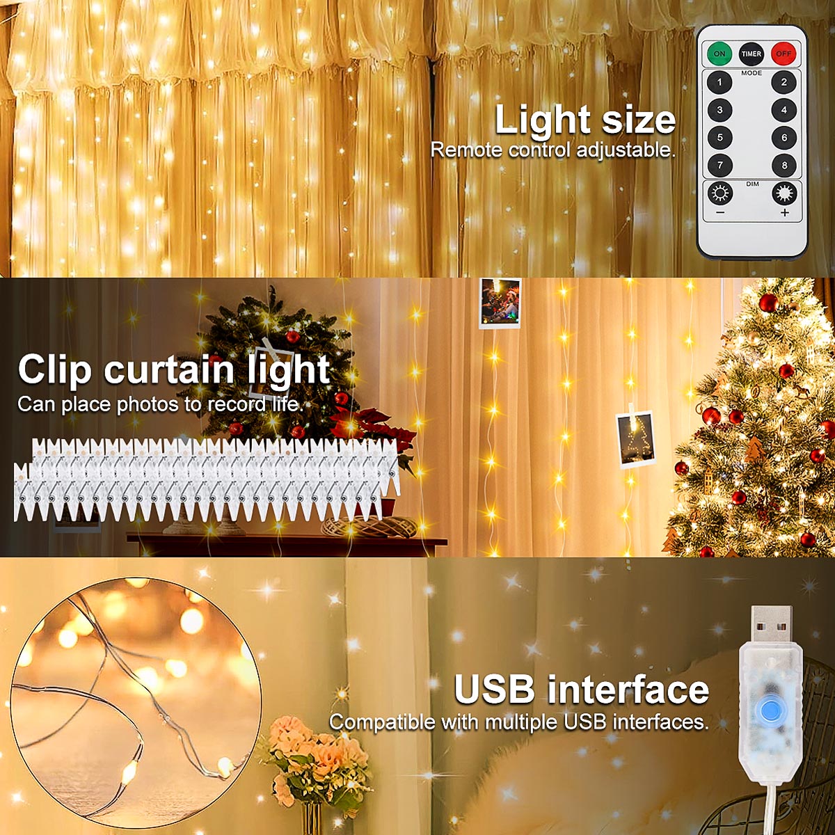 Guirnaldas de cortina con Clip para fotos, LED USB con 20 ganchos, 8 modos de luces para pared, dormitorio, , boda, decoraciones navideñas DIY